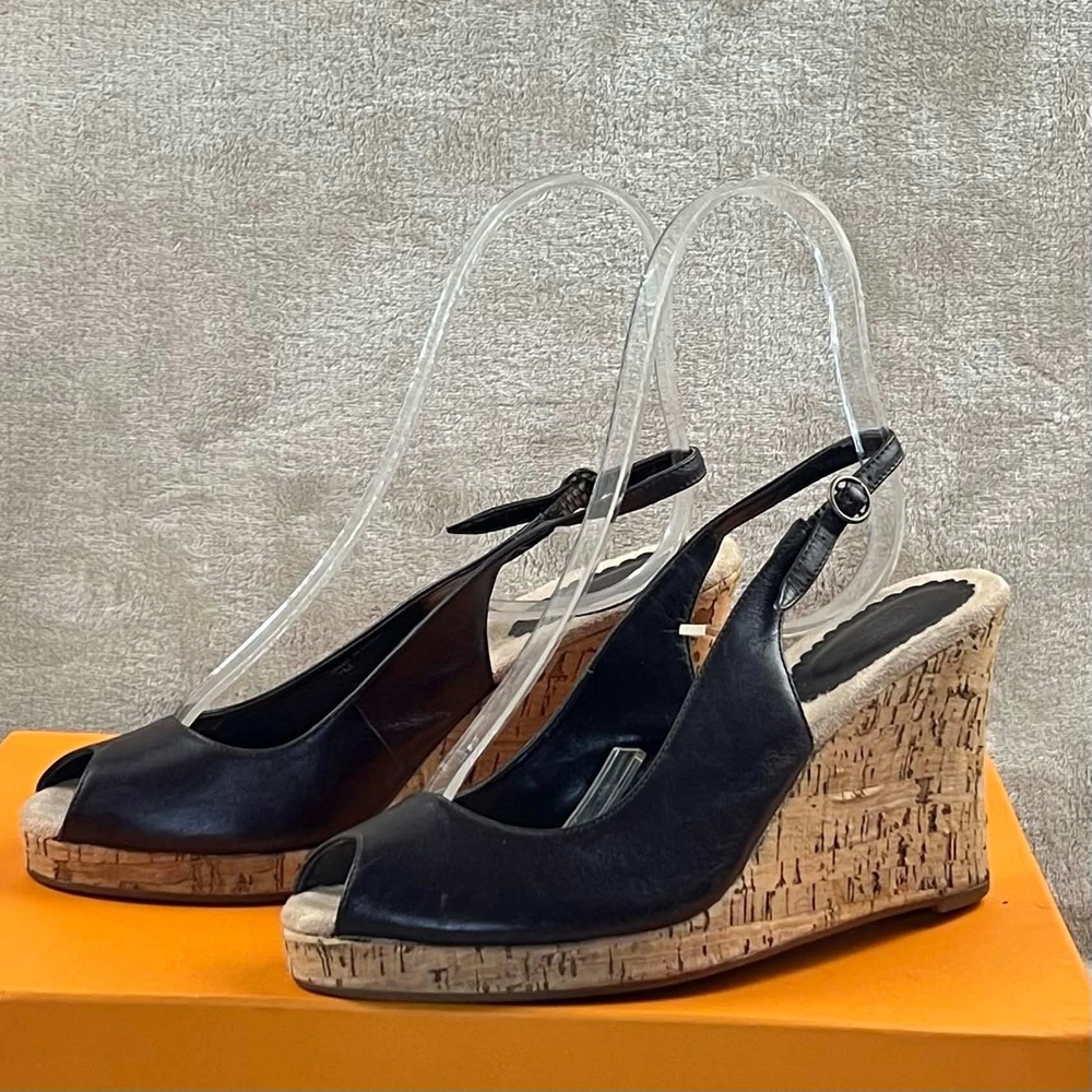 Ann Taylor Loft Brown Leather Peep Toe Cork Wedge Slingback Sandals 7M
